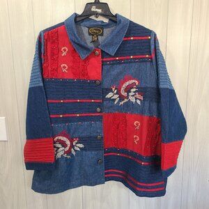 Alex Kim Embroidered Patchwork Art Button Denim Size PXL Petite